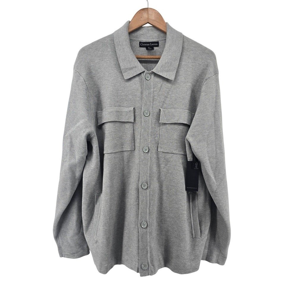 Christian Lacroix Knit Shirt Jacket Mens L Gray Button Front Chest Flap Pockets